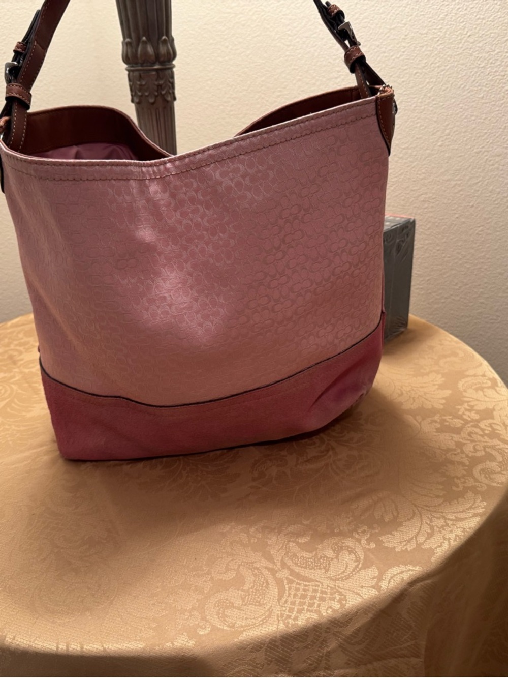 Coach Signature Jacquard Shoulder Bag  two tone pink suede with Brown Strap